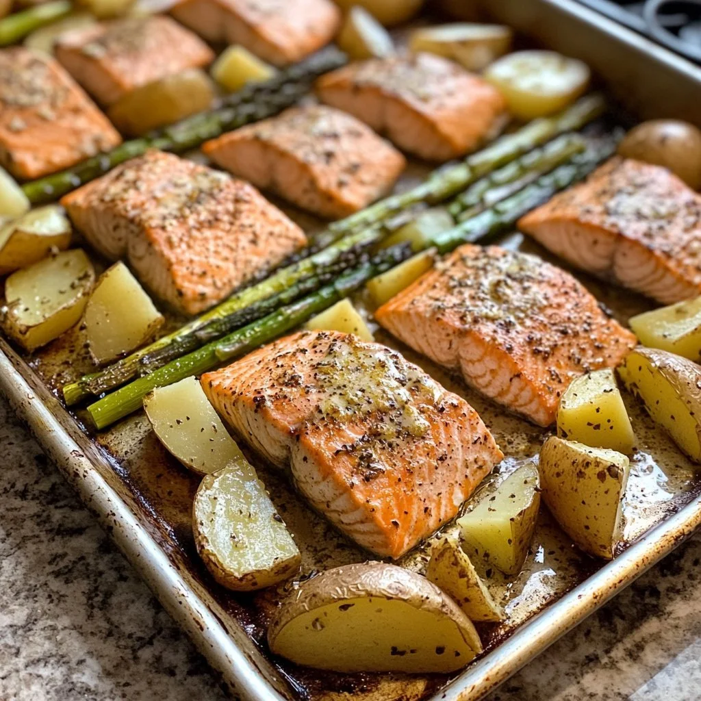 Servierteller mit Lachs, Kartoffeln und frischem Spargel
