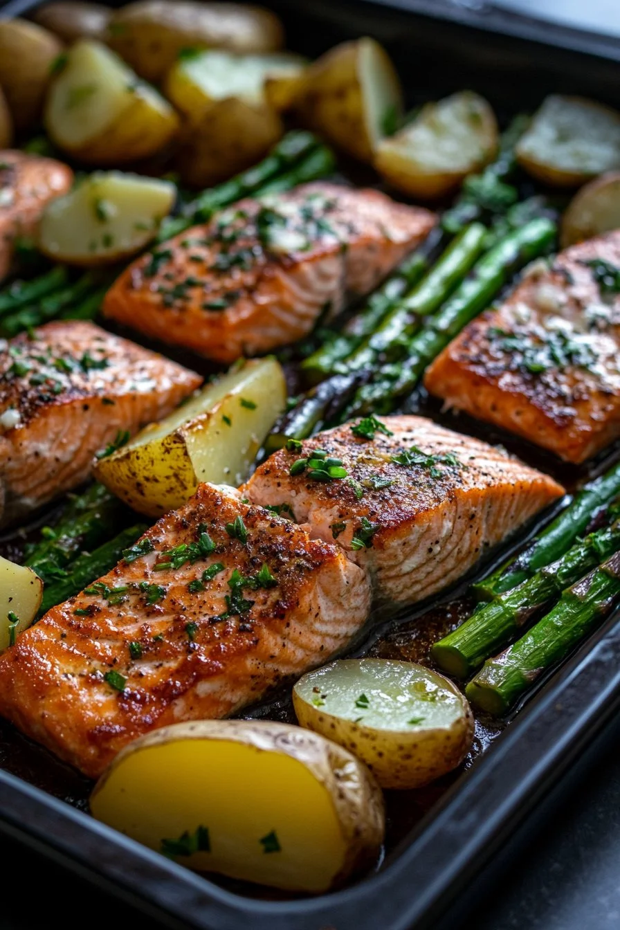 Lachs, Kartoffeln und Spargel auf dem Teller
