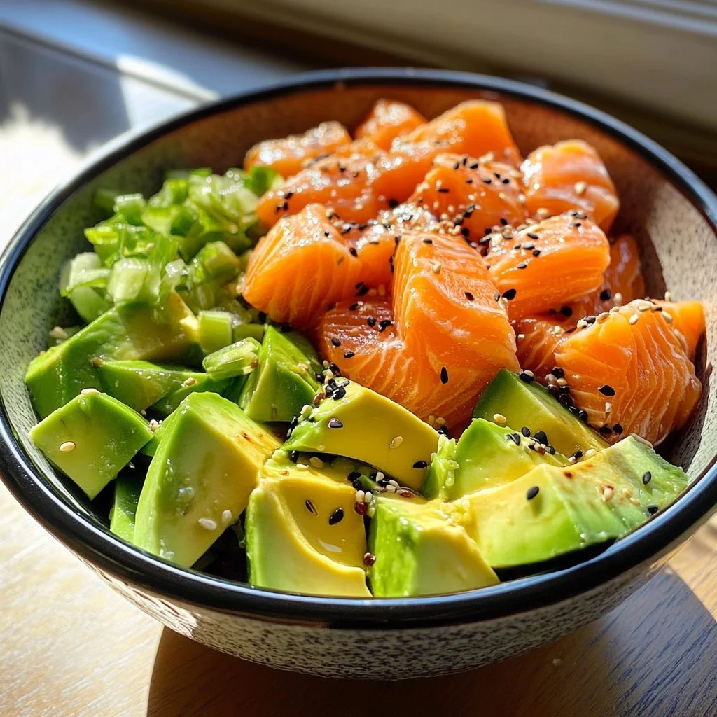 Lachs- und Avocado-Poke-Bowl mit frischen Zutaten und bunten Toppings