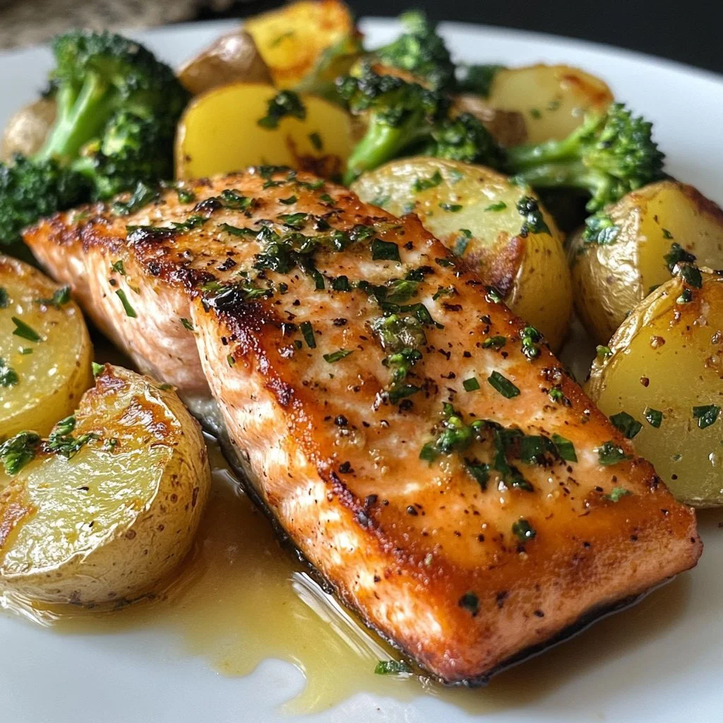 Lemon Butter Salmon mit knusprigen Kartoffeln und Brokkoli auf einem Teller