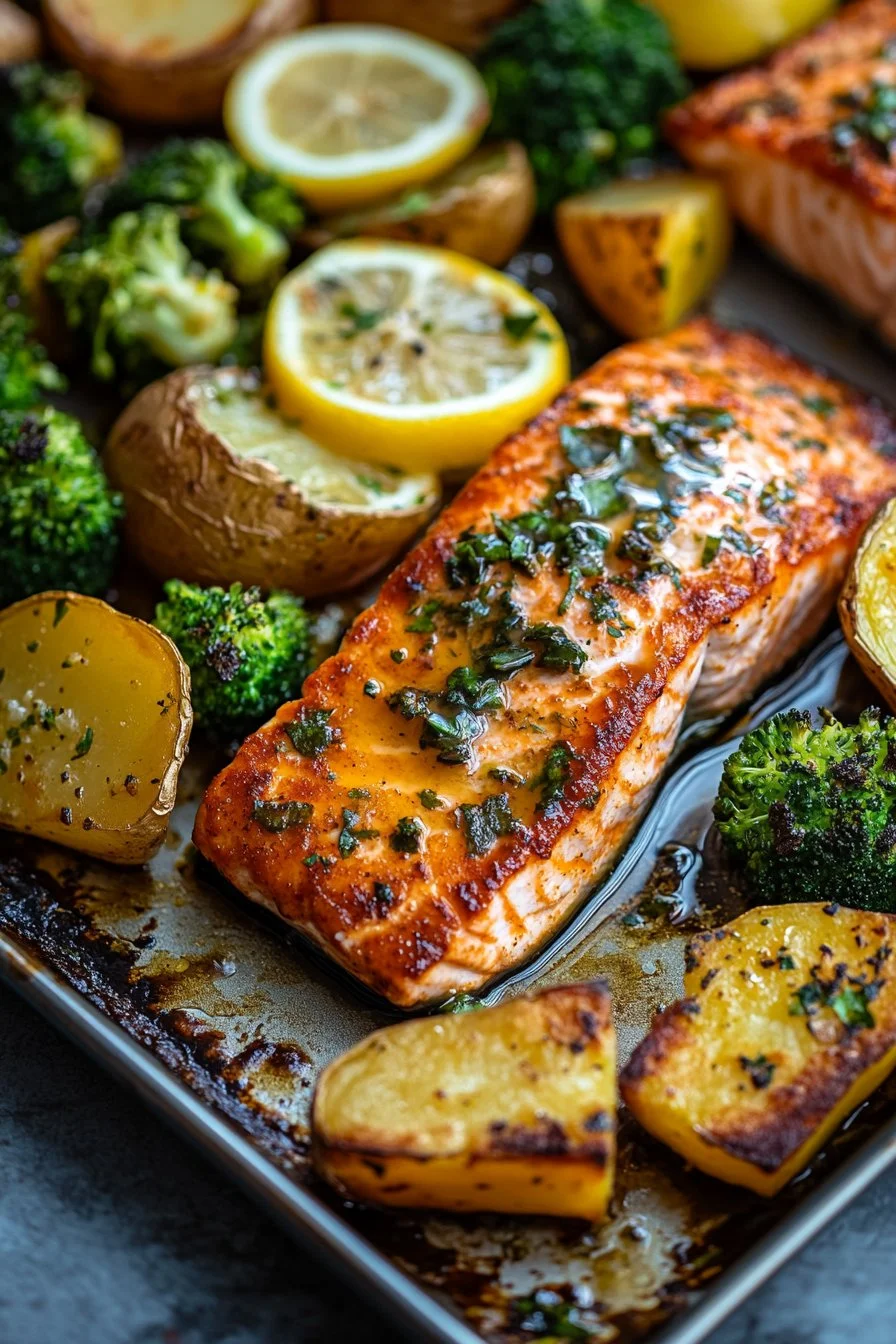 Lemon Butter Salmon with Crispy Potatoes and Broccoli