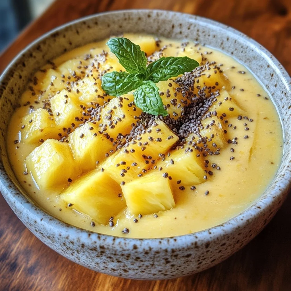 Leckere Mango-Ananas-Smoothie-Schüssel mit frischen Zutaten und Toppings