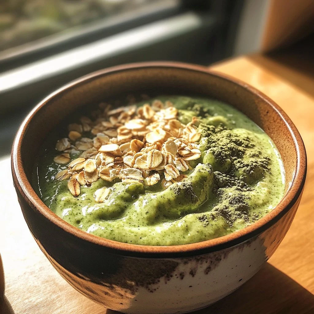 Schüssel mit Matcha Overnight Oats, garniert mit frischen Beeren und Nüssen