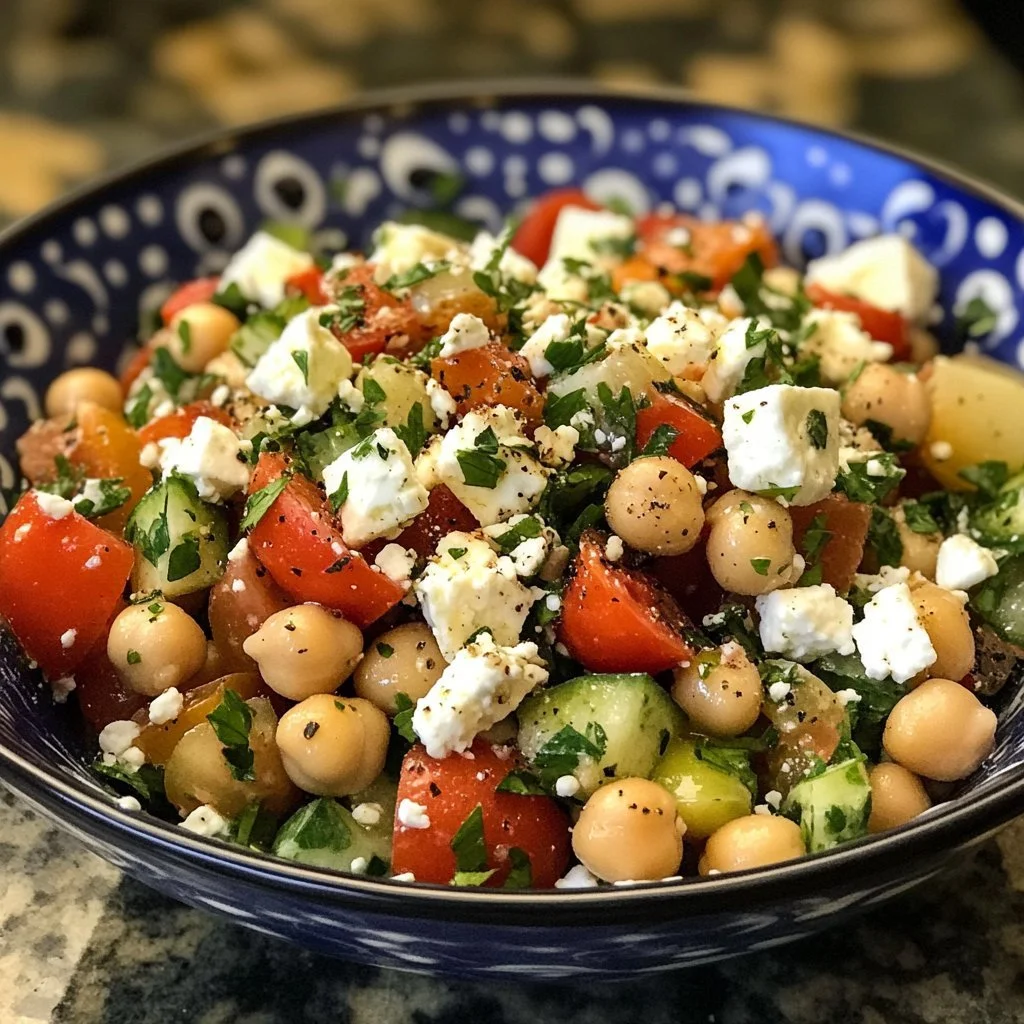 Mediterraner Kichererbsen-Feta-Salat mit frischen Zutaten in einer Schüssel