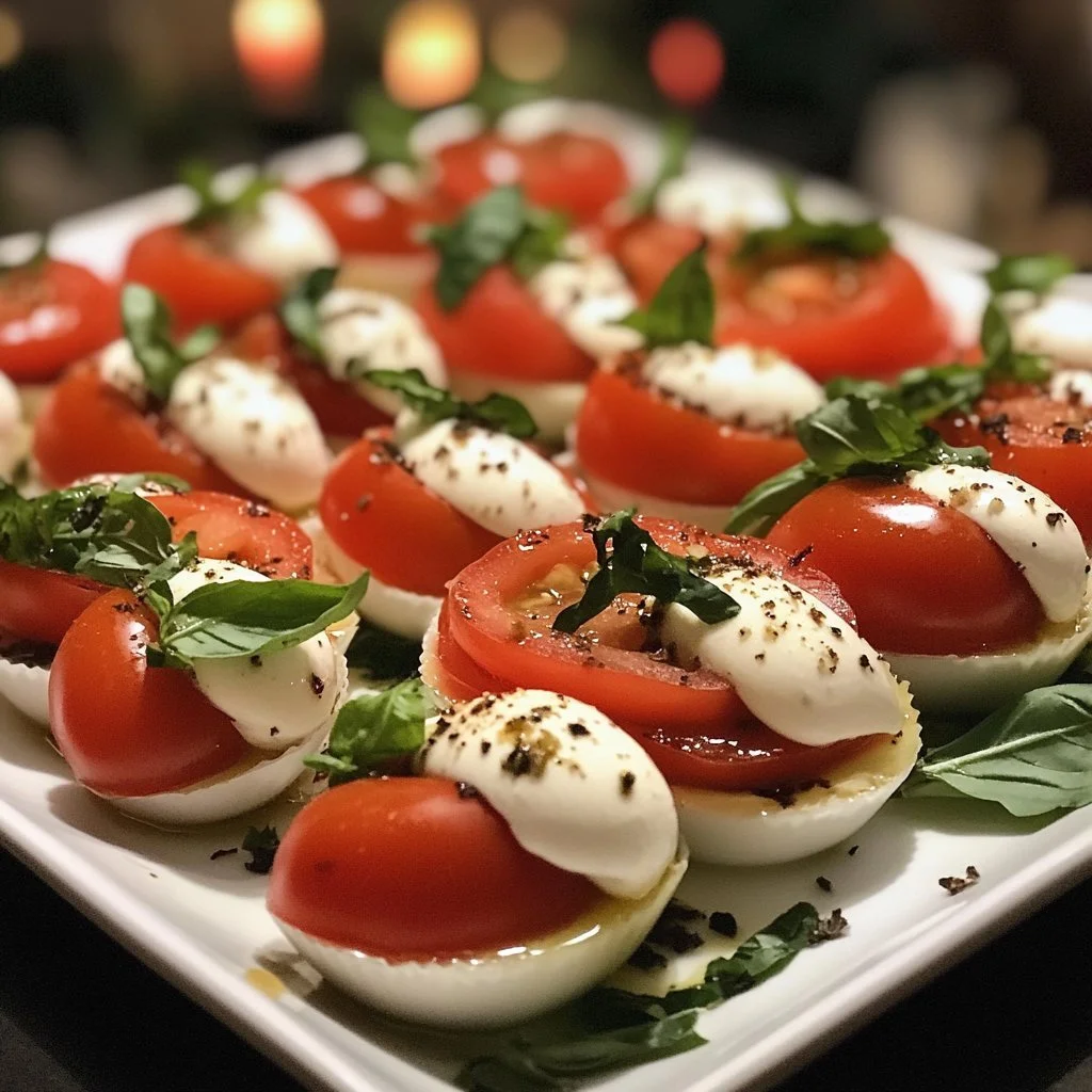 Mini Caprese Salade Cups met kerstdecoratie, ideaal voor feestelijke gelegenheden.