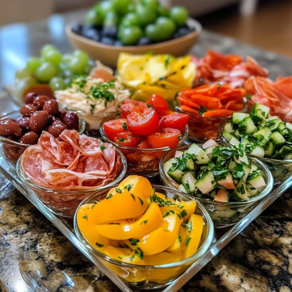 Mini charcuterie lepes met verschillende snacks en vleeswaren