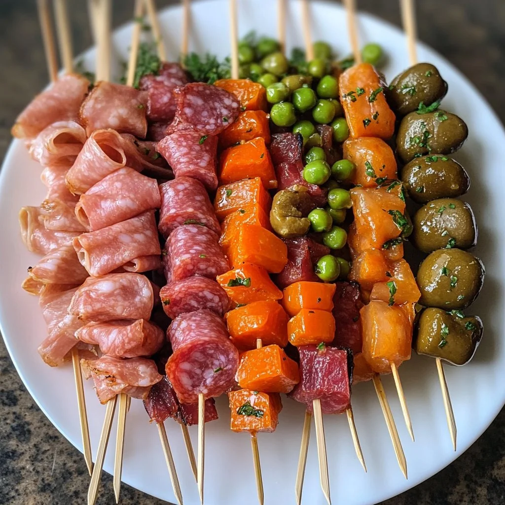 Mini charcuterie spiesjes met kaas, vlees en groenten voor een feestelijke presentatie.