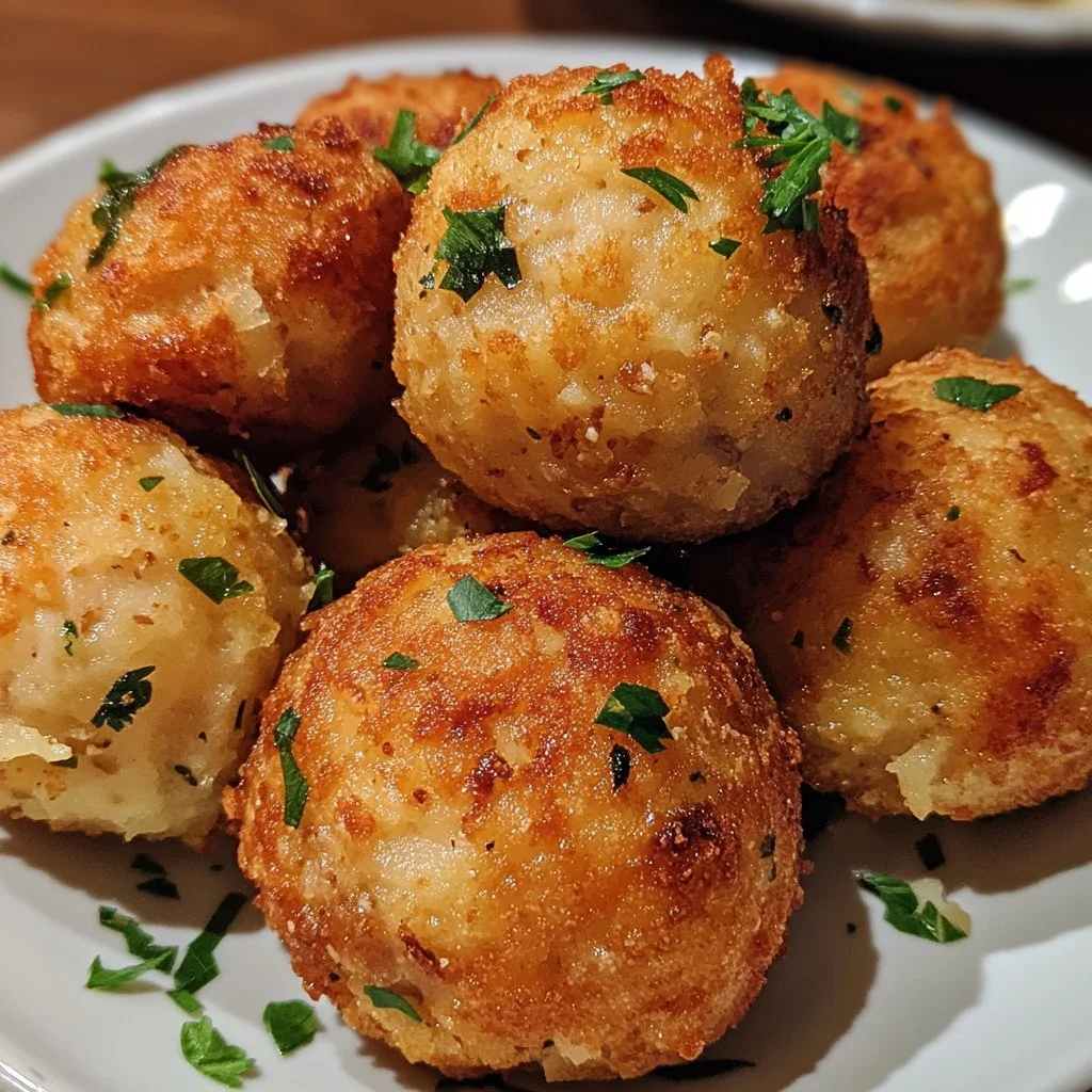 Omas Kartoffelfleischbällchen auf einem Teller serviert