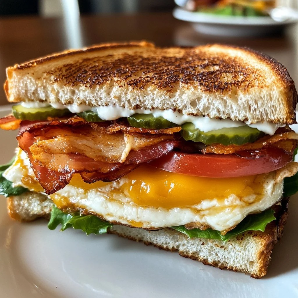 Heerlijke ontbijclub sandwich met verse ingrediënten en toppings.