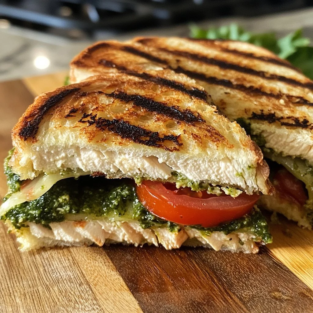 Pesto turkey panini met verse ingrediënten en gesmolten kaas