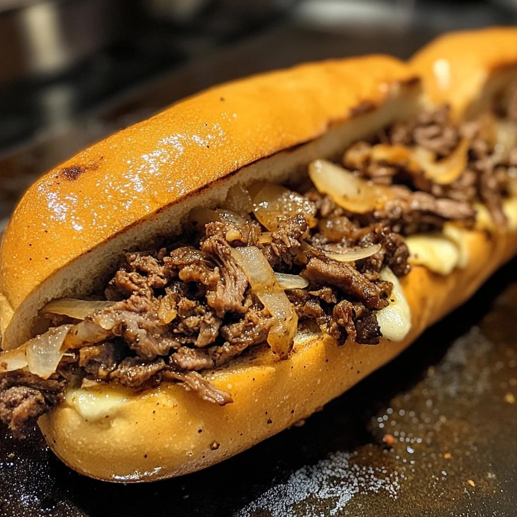 Een smakelijke Philly Cheesesteak geserveerd in een vers broodje
