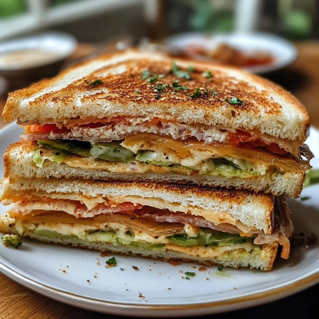 Recept voor een smakelijke club sandwich met laagjes vlees en groenten.