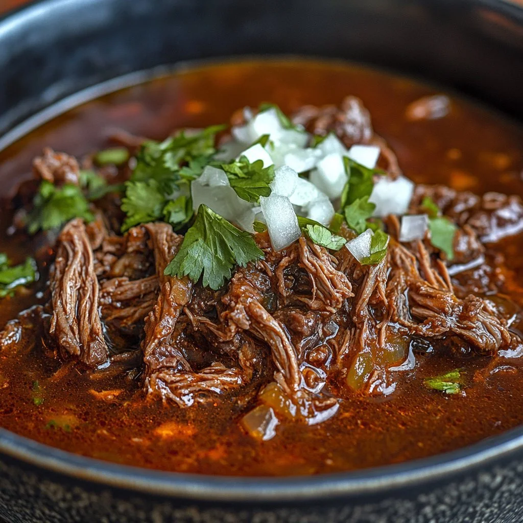 Rindfleisch-Birria zubereitet im Crockpot mit frischen Zutaten