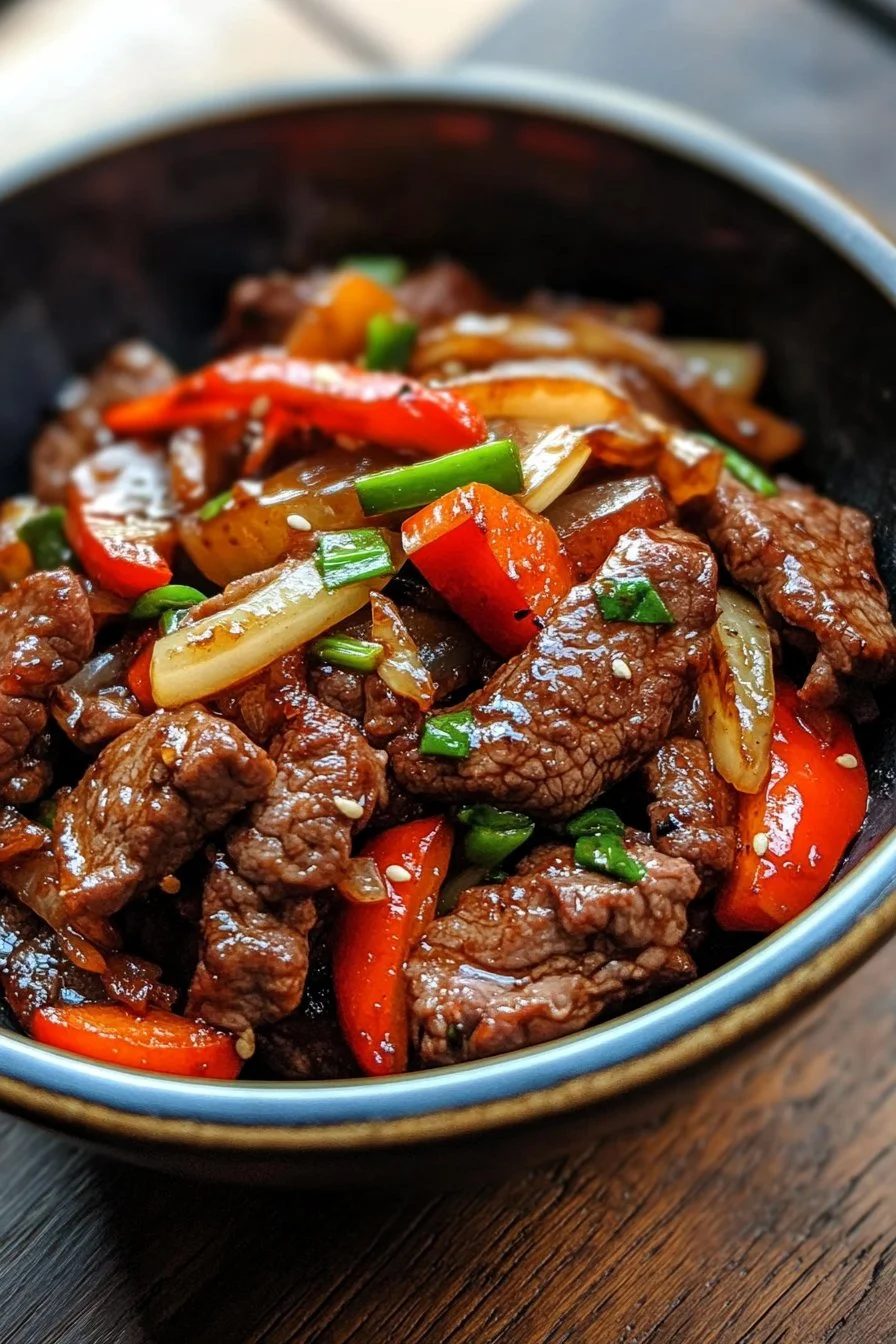 Rindfleisch mit Zwiebeln gebraten