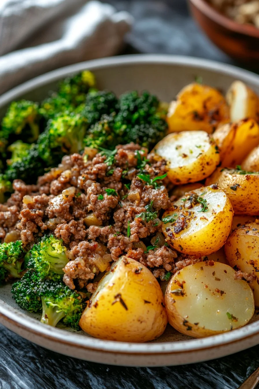 Schmackhaftes Hackfleisch mit Ofenkartoffeln und gedämpftem Brokkoli