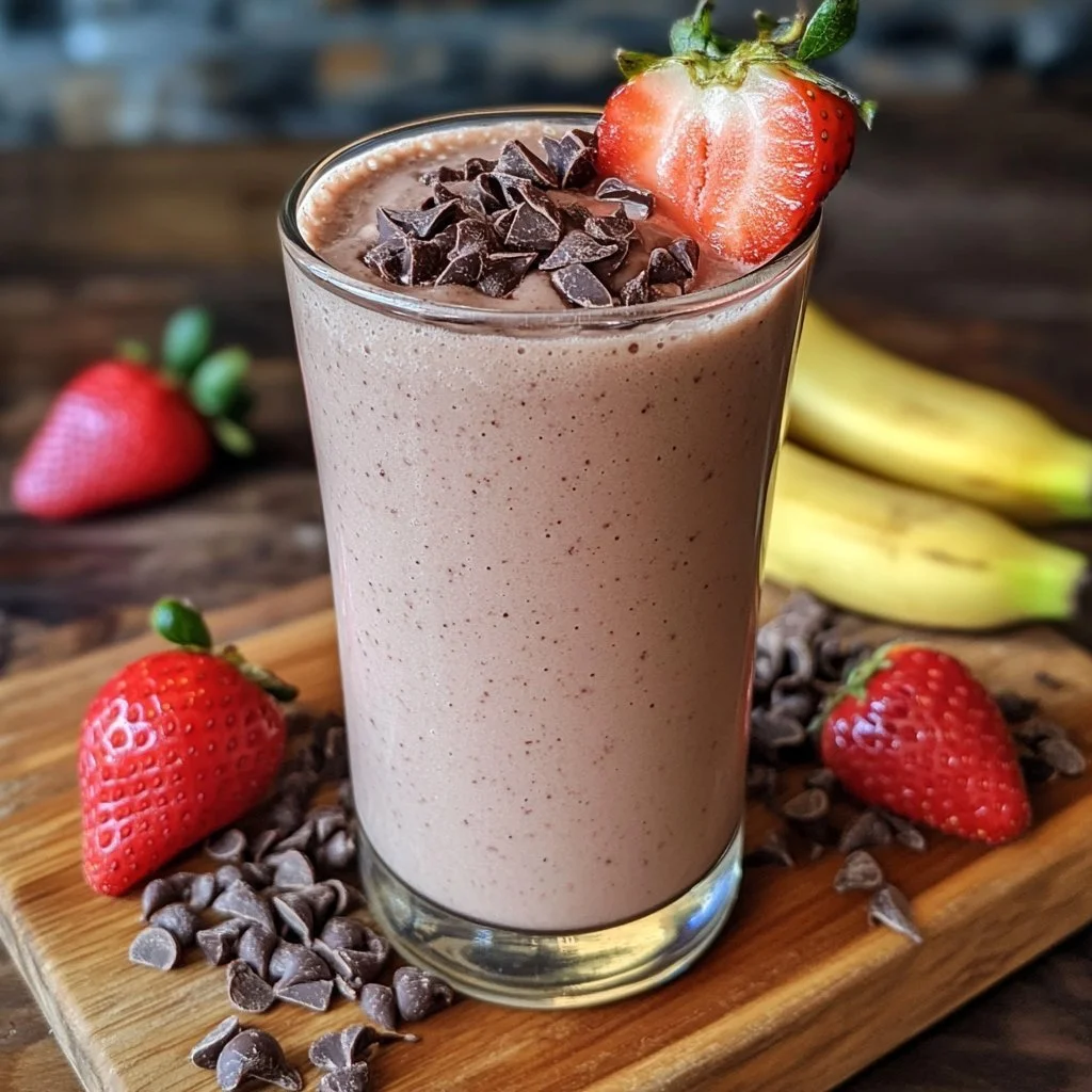 Schokoladen-Erdbeer-Bananen-Smoothie in einem Glas mit frischen Früchten