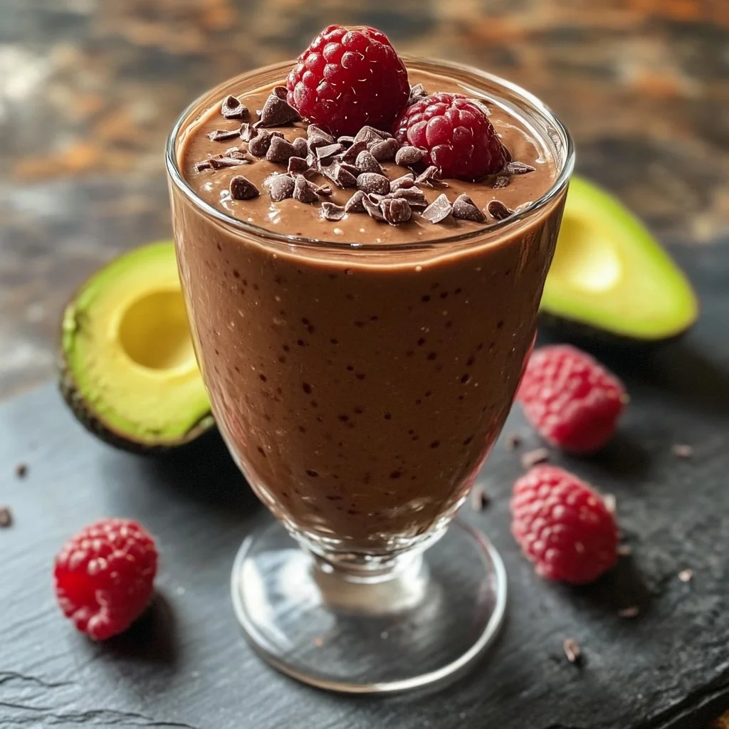 Schokoladen-Himbeer-Smoothie mit Avocado in einem Glas auf einem Holzuntergrund
