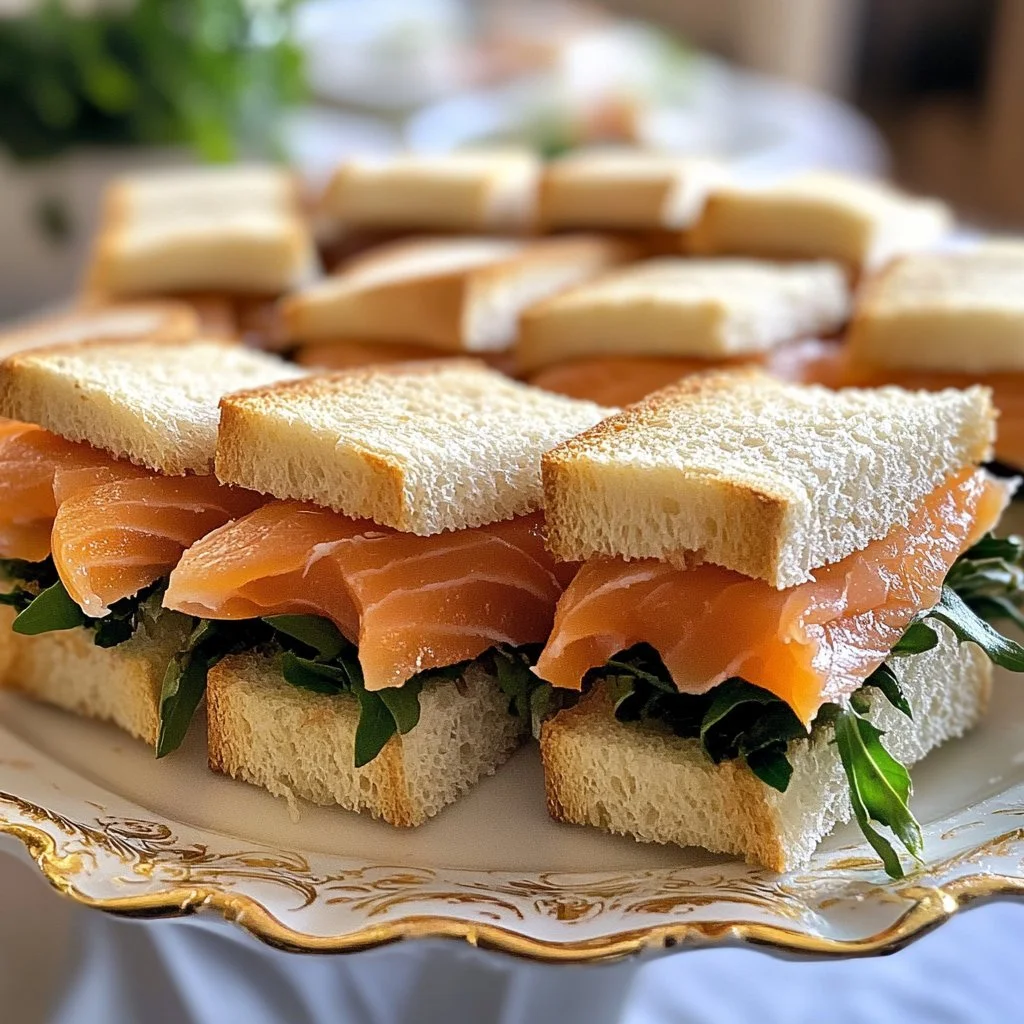 Snelle gerookte zalmthee-sandwiches voor Pasen op een serveerschaal