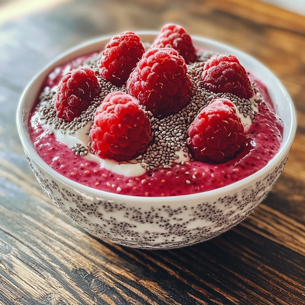 Vanille Himbeer Chia Pudding in einer Schale mit frischen Himbeeren und Vanilleschote