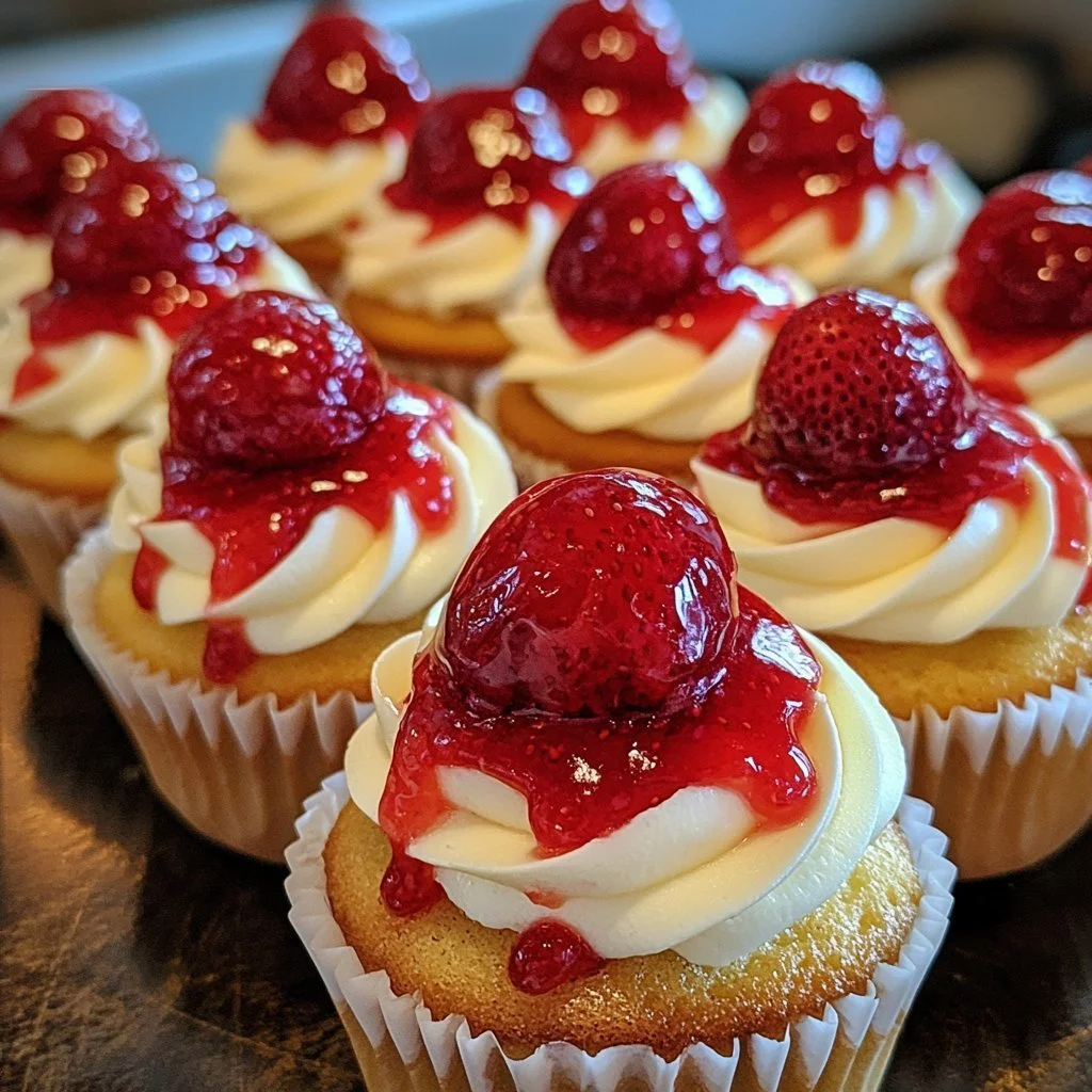 Leckere Vanillecupcakes mit Erdbeermarmelade auf einem schönen Teller serviert.