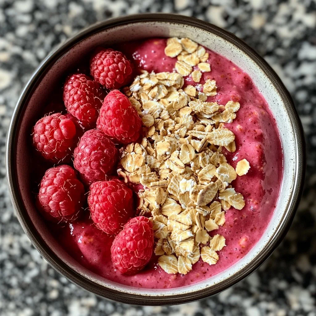 Vermischte Himbeerhafer mit frischen Himbeeren und gesunden Zutaten.