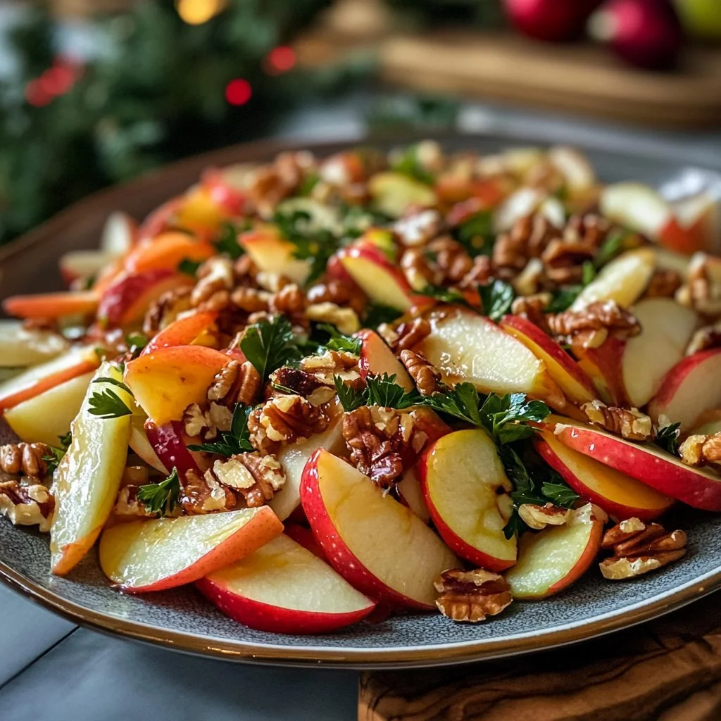 Weihnachts-Apfel- und Walnuss-Salat auf einem festlichen Tisch