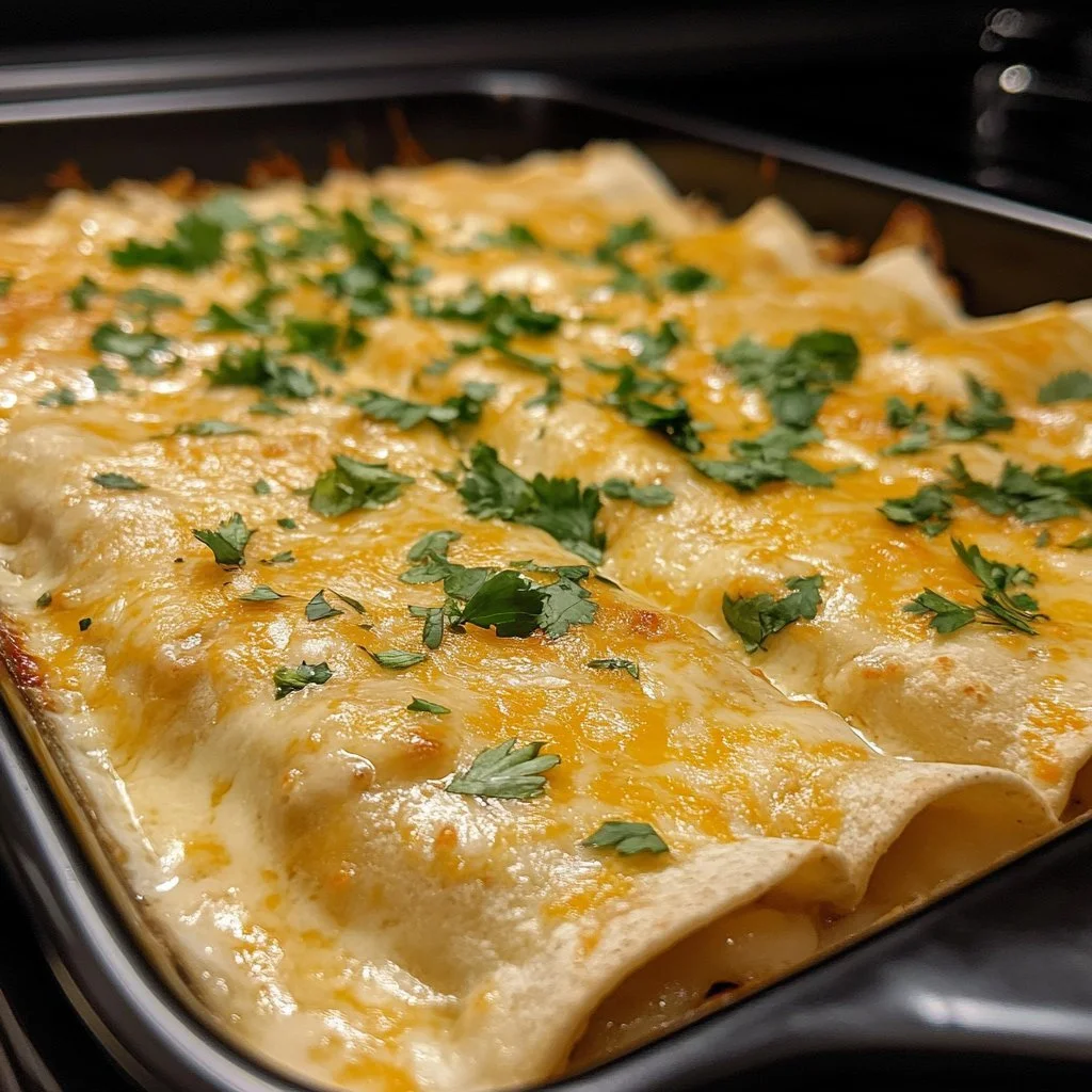 Weißes Hühnchen-Enchiladas mit leckerer Füllung und würziger Soße
