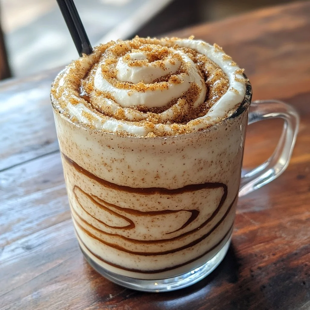 Zimtrolle Protein Latte in einer Tasse mit Zimtstangen und Schaumkrone