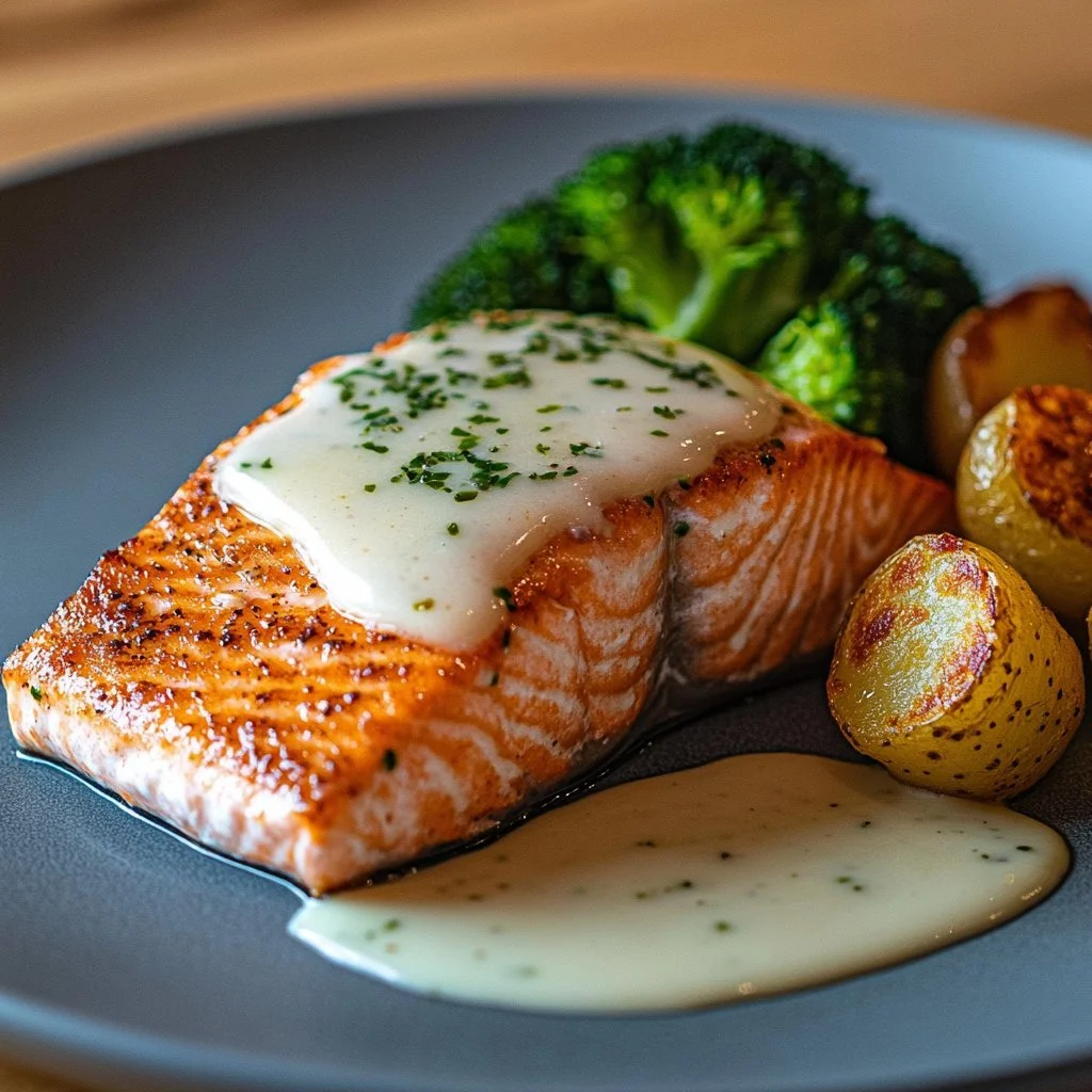 Zitronenbutter-Lachs mit knusprigen Kartoffeln und Brokkoli auf dem Teller