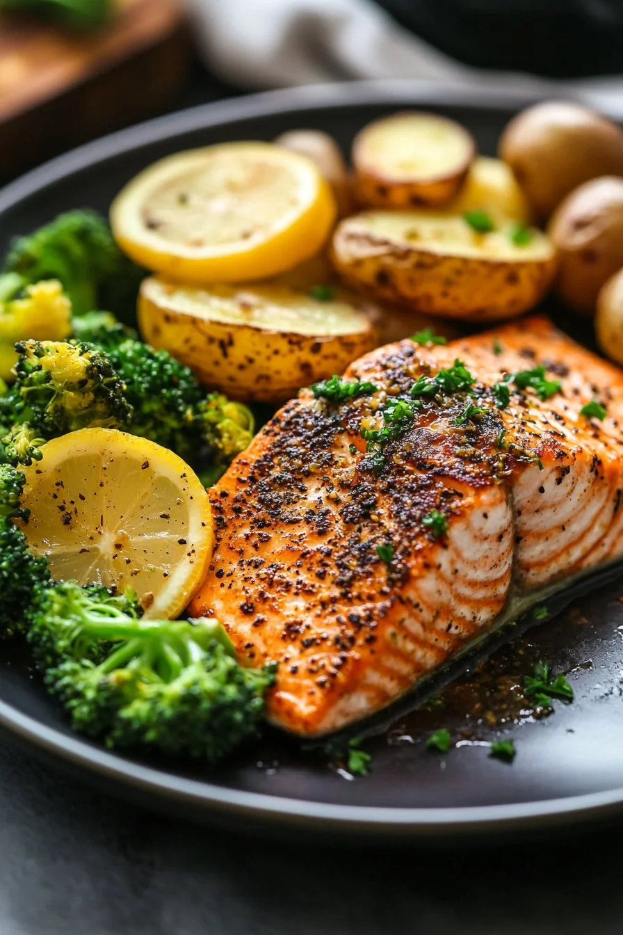 Zitronenbutter-Lachs mit knusprigen Kartoffeln und Brokkoli