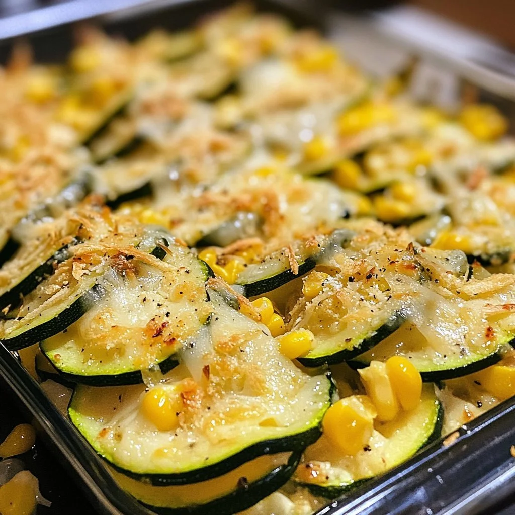 Zucchini mit Mais, Röstpaprika und Käse auf einem Teller serviert