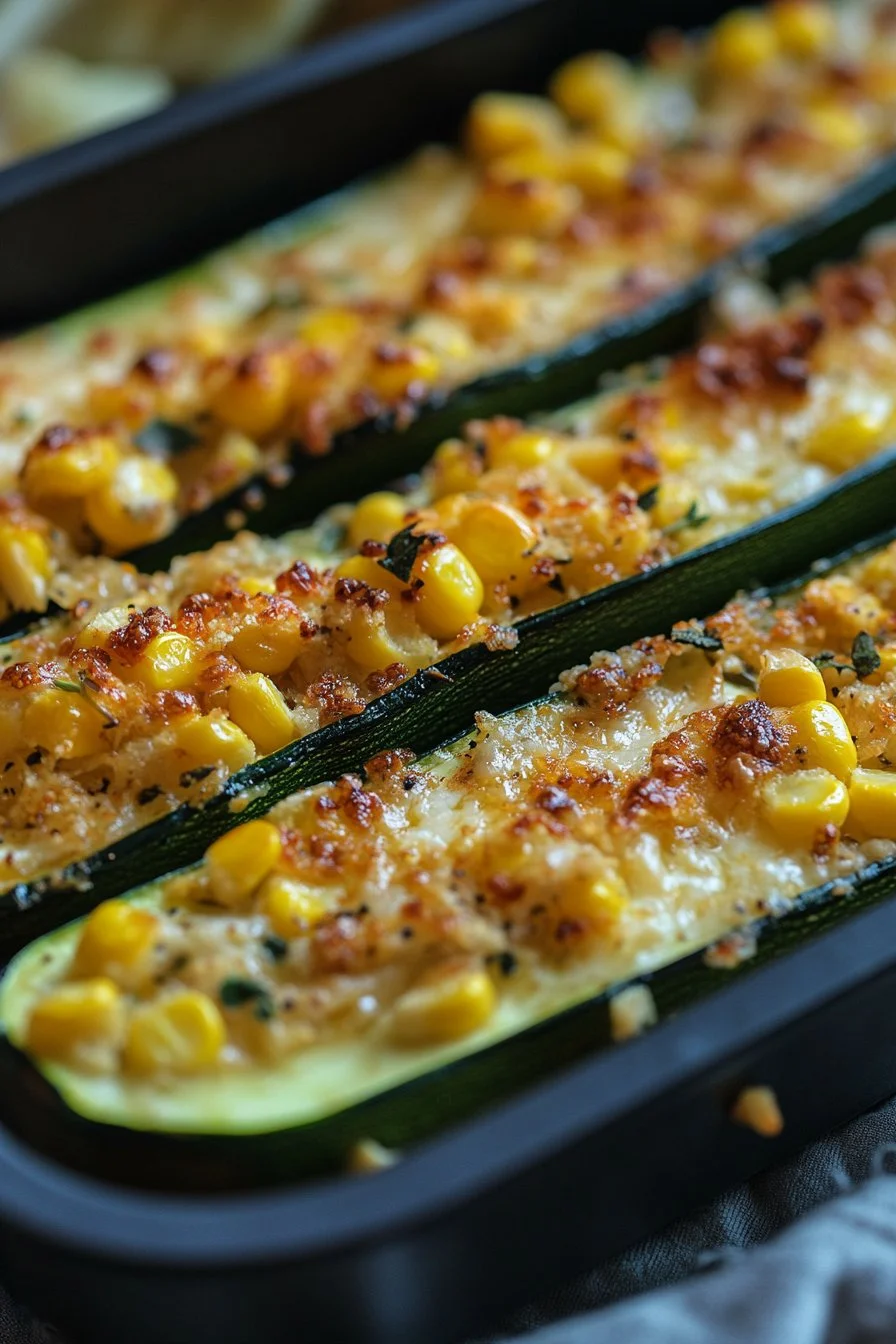 Zucchini mit Mais, Röstpaprika und Käse