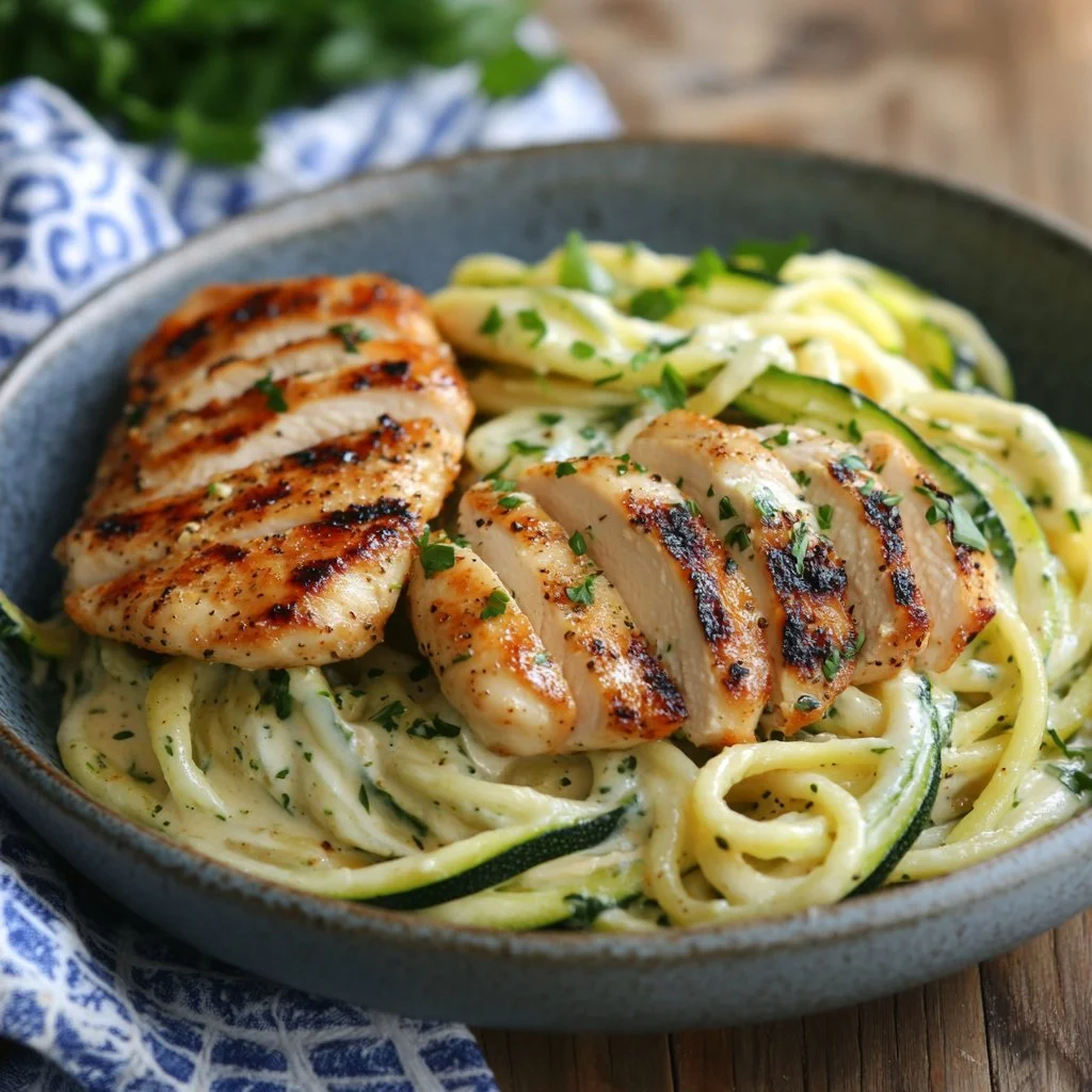 Zucchini-Nudeln mit Hähnchen Alfredo auf einem Teller serviert.