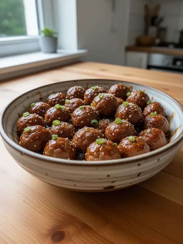 Asiatische glasierten Fleischbällchen in einer schmackhaften Sauce serviert.