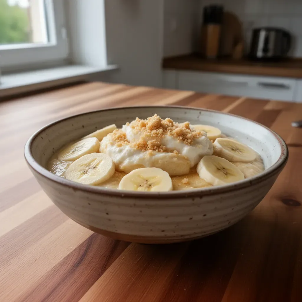 Bananenpudding mit Protein in einer Schüssel, dekoriert mit Bananenscheiben