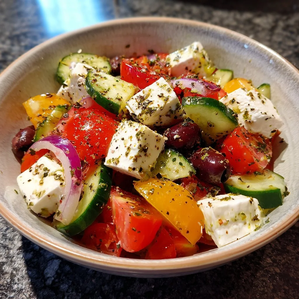 Köstlicher griechischer Salat mit frischen Zutaten und Olivenöl