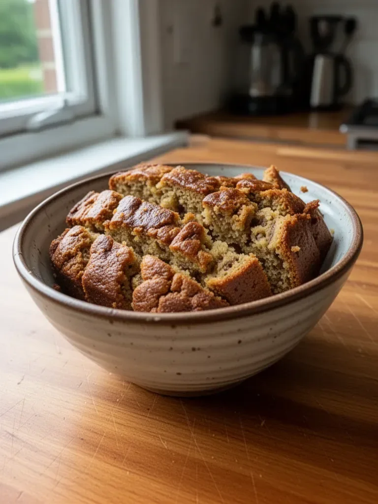 Feuchtes Bananenbrot auf einem Holzbrett mit einem Stück geschnitten