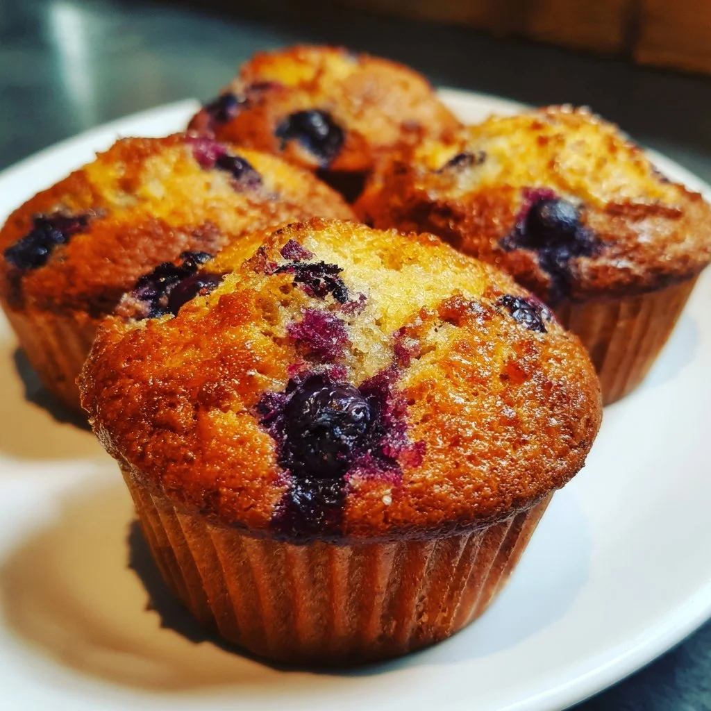 Blaubeer-Protein-Muffins frisch gebacken auf einem Teller