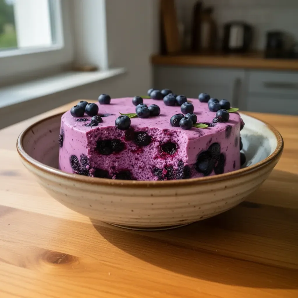 Ein köstlicher Blaubeerkuchen, frisch gebacken und mit frischen Blaubeeren garniert.