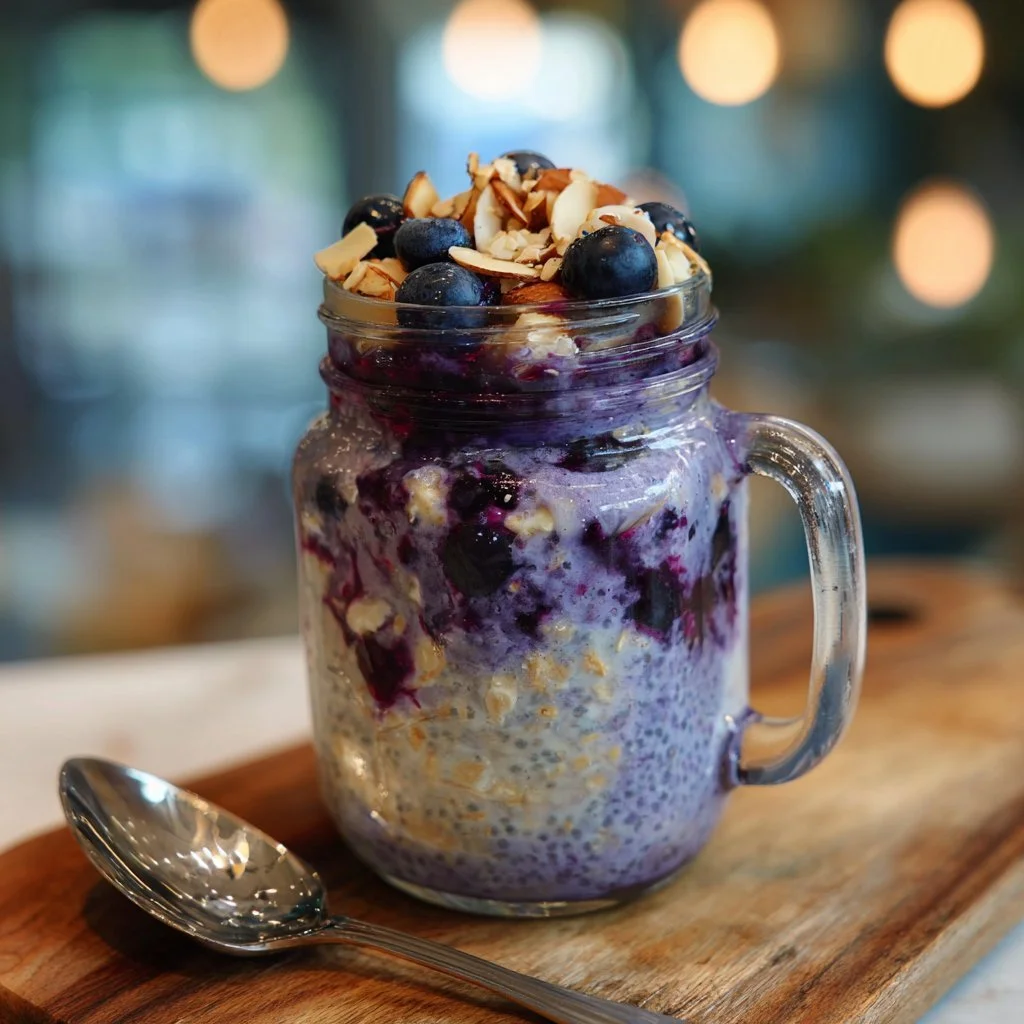 Gesundes Frühstück mit Blaubeeren und Haferflocken - Blaubeernacht-Avena