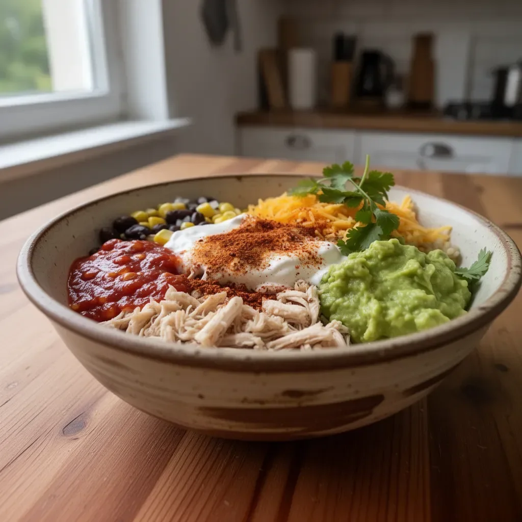 Burrito-Schale mit frischen Zutaten und buntem Gemüse