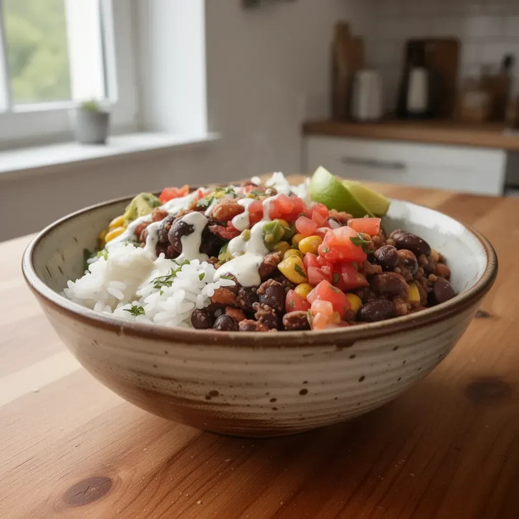 Burrito-Schüssel mit Bohnen, Reis und frischen Zutaten