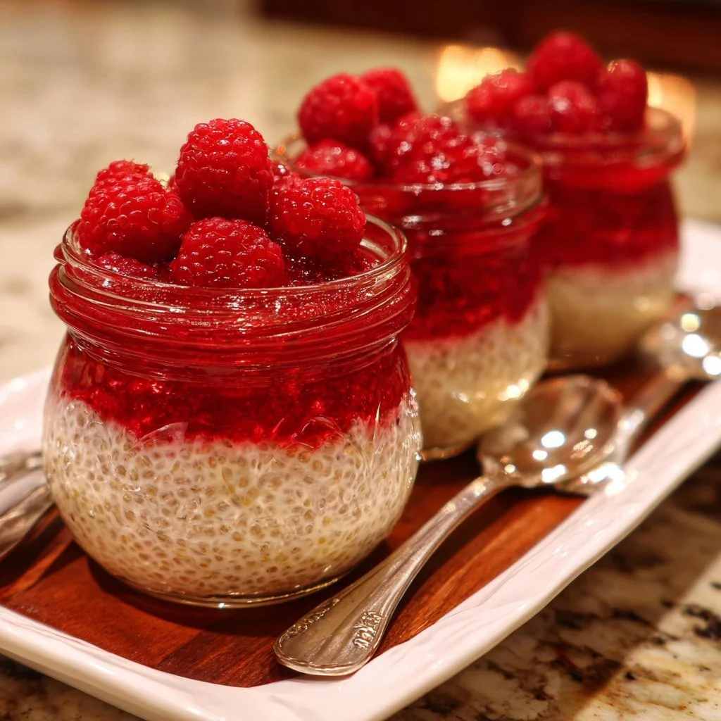 Chia-Pudding mit Himbeeren und Ahornsirup in einer Schale