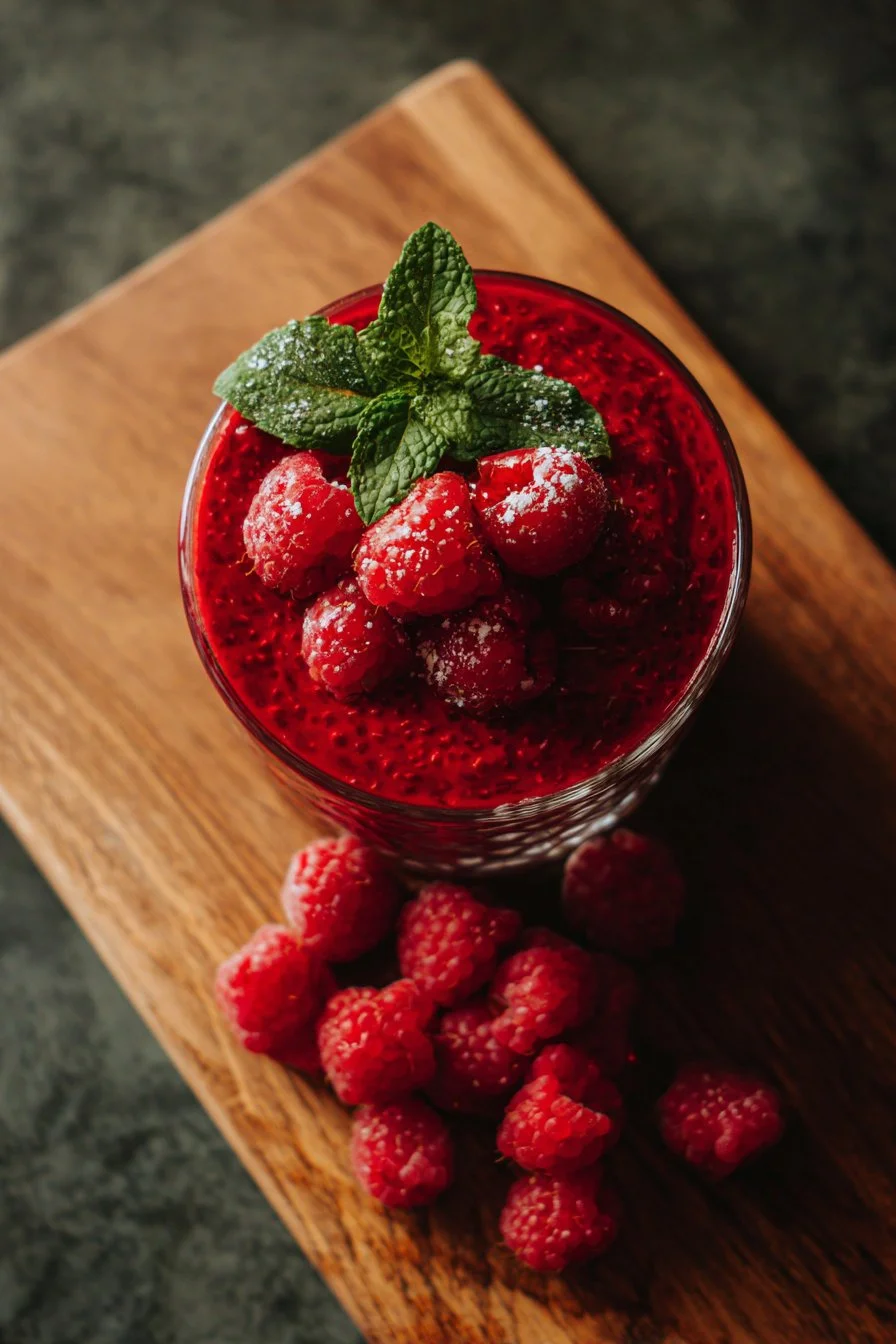 Chia-Pudding mit Himbeeren, gesüßt mit Ahornsirup