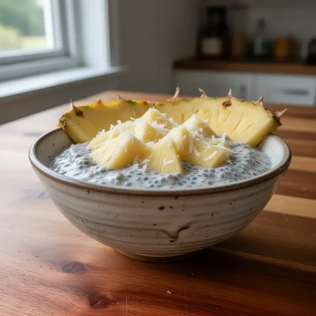 Gesundheitlicher Chia-Pudding Piña Colada in einer Schüssel serviert.