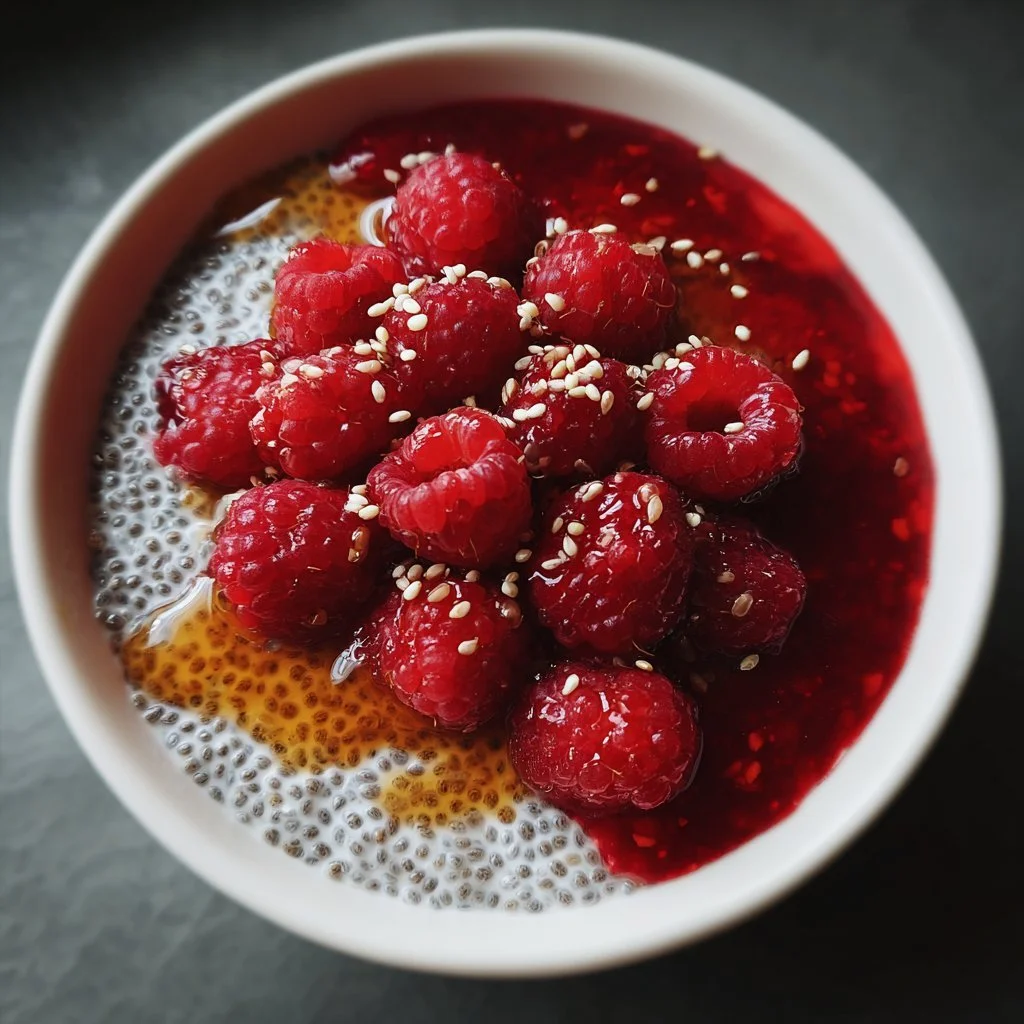 Chiapudding mit Himbeeren und Ahornsirup auf einem Teller