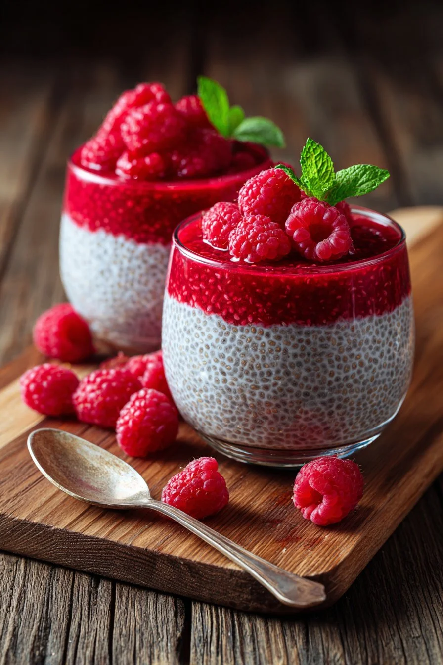 Chiapudding mit Himbeeren, gesüßt mit Ahornsirup