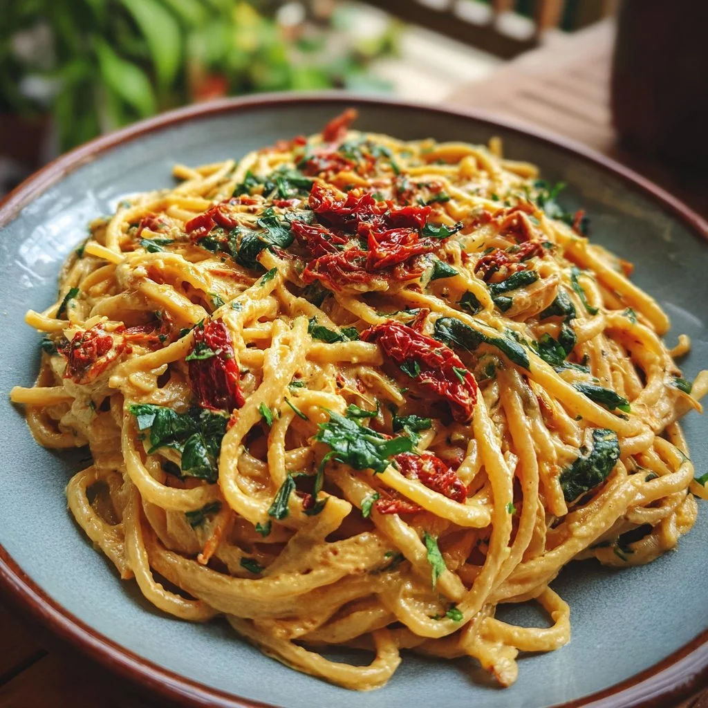 Cremige vegane Pasta mit getrockneten Tomaten auf einem Teller serviert.