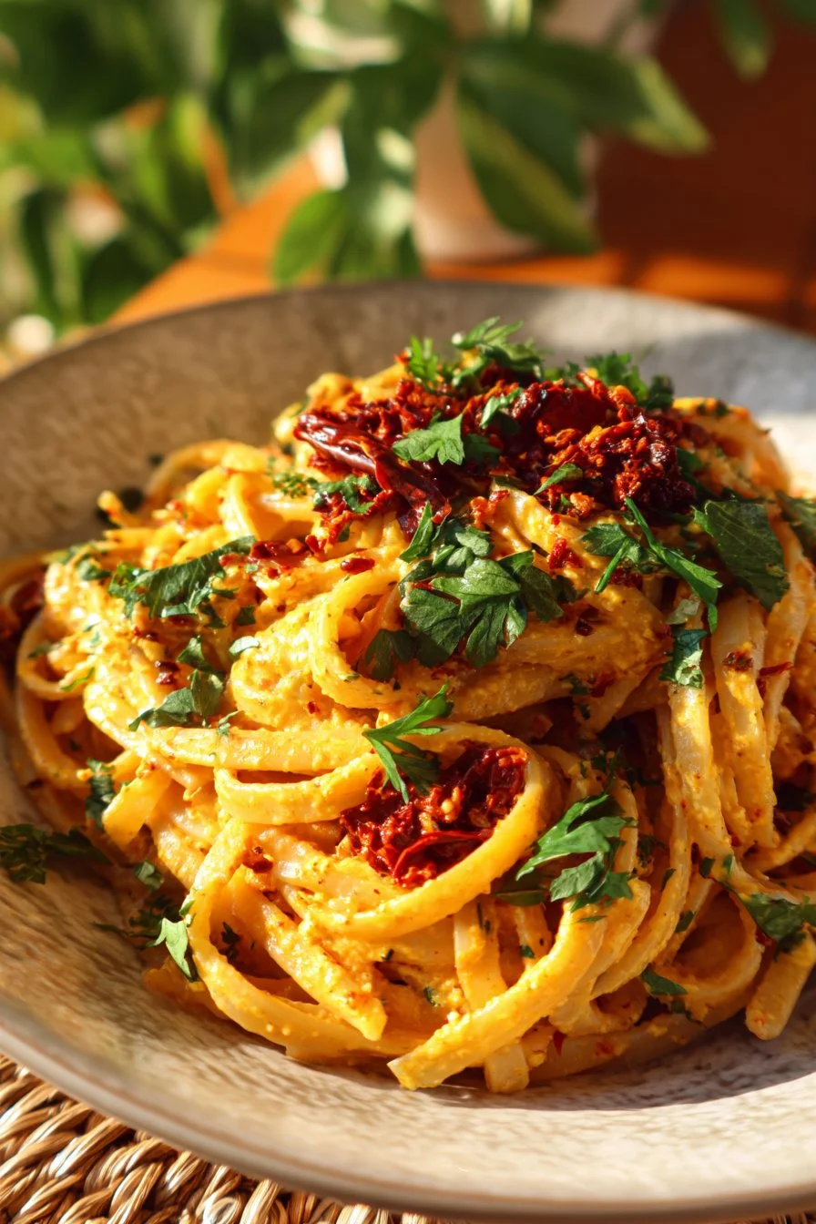 Cremige vegane Pasta mit getrockneten Tomaten