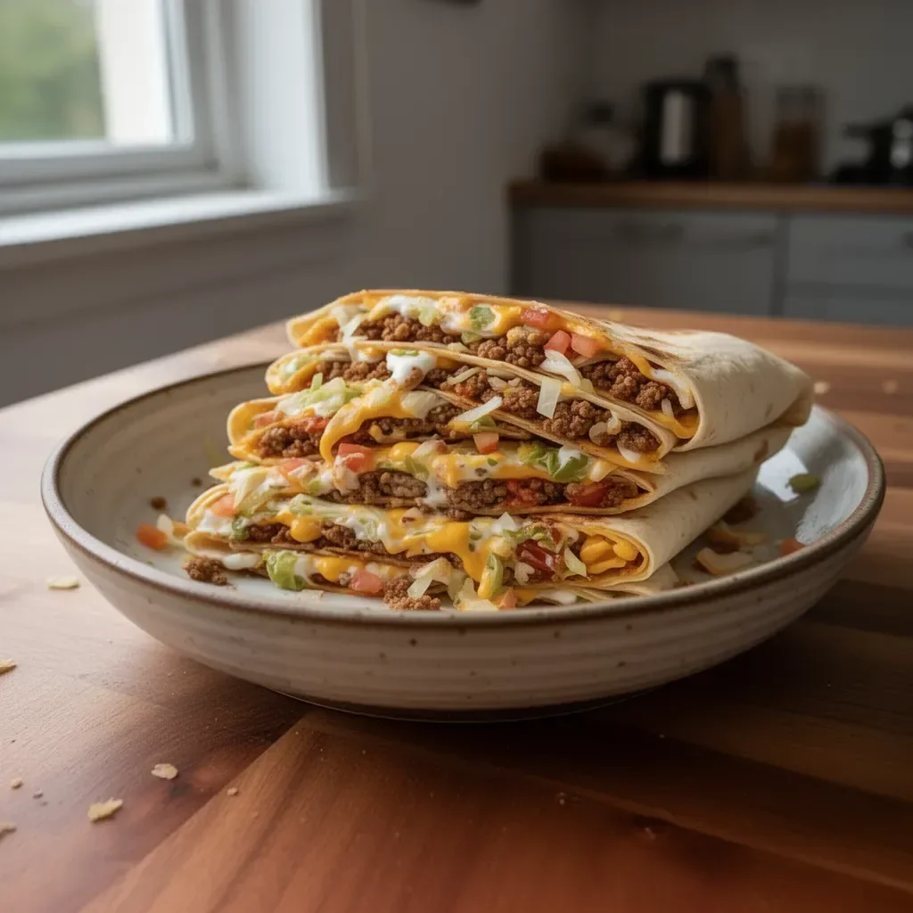 Crunchwrap Supreme nach einem Copycat-Rezept auf einem Teller, gefüllt mit frischen Zutaten.